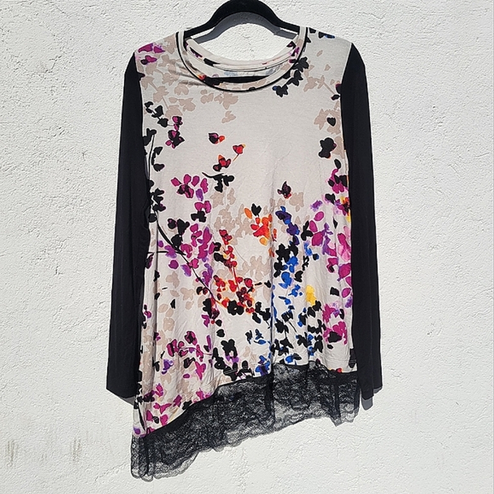 LOGO by Lori Goldstein Floral Long Sleeve Tunic Blouse Lace Hem Size M